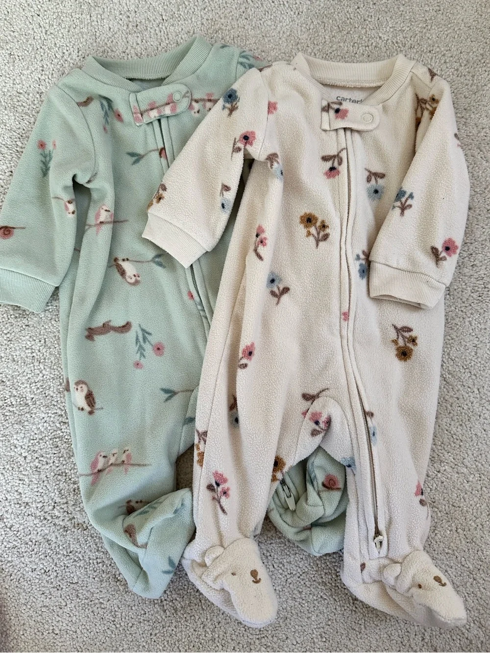 Carter's Mint Green and Cream Floral Fleece Footed One-Pieces (2-Pack)